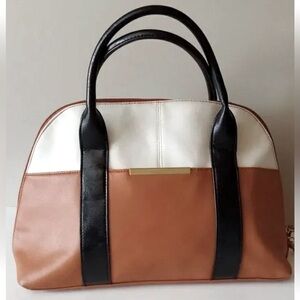 Color Block Three Tone Black, Cream and Brown Leather Look Satchel Handbag